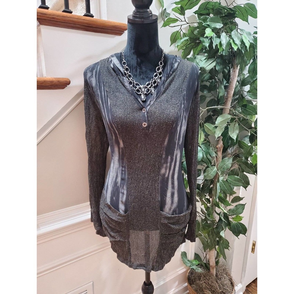 Elena Wang Women's Gray Cotton V-Neck Long Sleeve Pullover Blouse Size Medium
